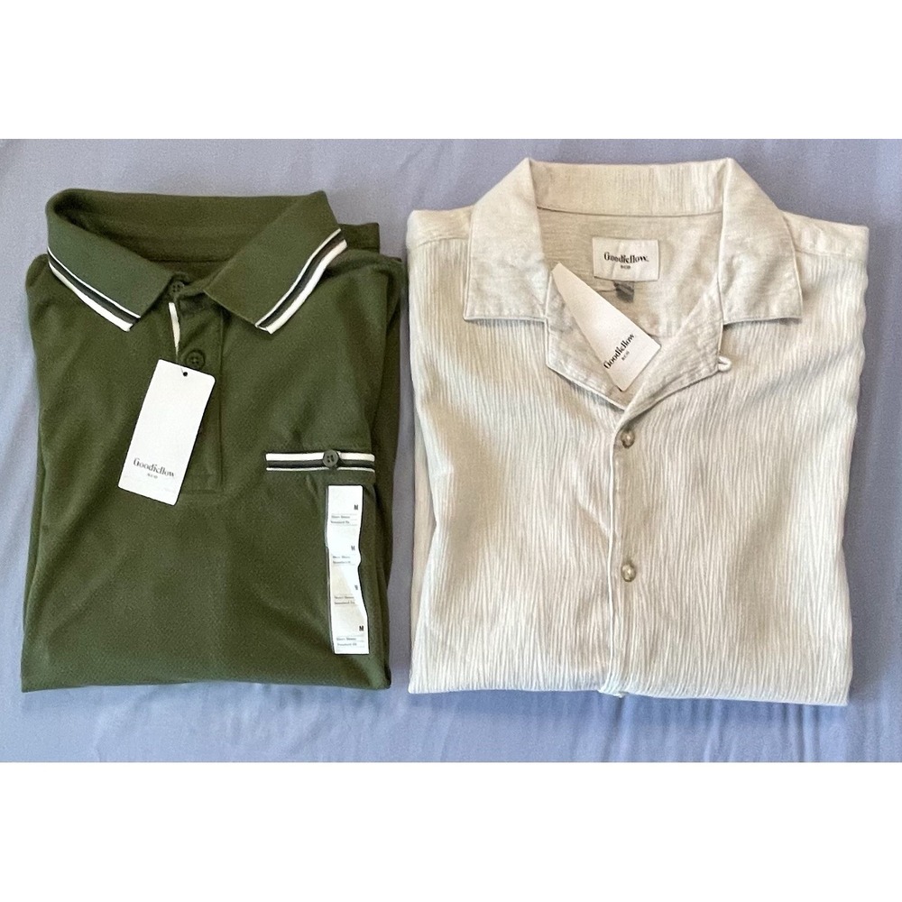 New Lot Sizs Medium Goodfellow Men's Button Camp Knit Shirt Pocket Cream Green M